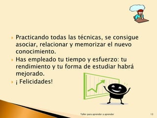 





Practicando todas las técnicas, se consigue
asociar, relacionar y memorizar el nuevo
conocimiento.
Has empleado tu tiempo y esfuerzo: tu
rendimiento y tu forma de estudiar habrá
mejorado.
¡ Felicidades!

Taller para aprender a aprender

13

 