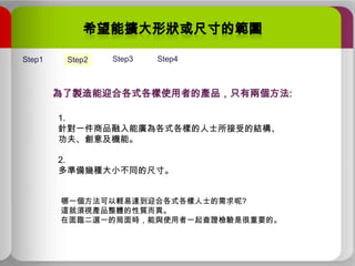 Step1

Step2

Step3

Step4

為了製造能迎合各式各樣使用者的產品，只有兩個方法:
1.
針對一件商品融入能廣為各式各樣的人士所接受的結構、
功夫、創意及機能。
2.
多準備幾種大小不同的尺寸。
哪一個方法可以輕易達到迎合各式各樣人士的需求呢?
這就須視產品整體的性質而異。
在面臨二選一的局面時，能與使用者一起查證檢驗是很重要的。

 