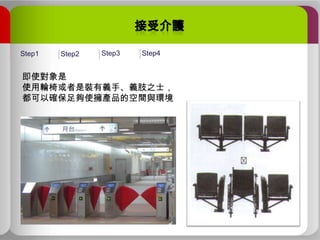 Step1

Step2

Step3

Step4

即使對象是
使用輪椅或者是裝有義手、義肢之士，
都可以確保足夠使擁產品的空間與環境

 