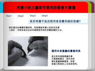 Step1

Step2

Step3

Step4

是否考慮不造成使用者身體多餘的負擔?
設計產品的機構和構造時，若能調查各種人的狀況並導
入設計，而較容易找出如何減輕使用時的身體負擔的方法。

運用本身重量的書寫用具
這支具有適當重量的筆，
只要輕輕握住，使可利用
筆的重量順暢書寫，即使
是握力較弱的人也容易使用。

 
