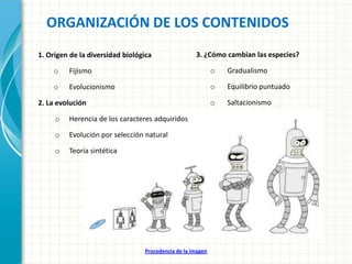 ORGANIZACIÓN DE LOS CONTENIDOS
1. Origen de la diversidad biológica

3. ¿Cómo cambian las especies?

o

Fijismo

o

Gradualismo

o

Evolucionismo

o

Equilibrio puntuado

o

Saltacionismo

2. La evolución

o

Herencia de los caracteres adquiridos

o

Evolución por selección natural

o

Teoría sintética

Procedencia de la imagen

 