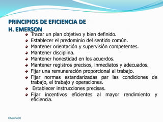 PRINCIPIOS DE EFICIENCIA DE
H. EMERSON

Trazar un plan objetivo y bien definido.
Establecer el predominio del sentido común.
Mantener orientación y supervisión competentes.
Mantener disciplina.
Mantener honestidad en los acuerdos.
Mantener registros precisos, inmediatos y adecuados.
Fijar una remuneración proporcional al trabajo.
Fijar normas estandarizadas par las condiciones de
trabajo, el trabajo y operaciones.
Establecer instrucciones precisas.
Fijar incentivos eficientes al mayor rendimiento y
eficiencia.

OM/ene08

 