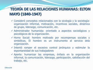 TEORÍA DE LAS RELACIONES HUMANAS: ELTON
MAYO (1840-1947)
 Consideró conceptos relacionados con la sicología y la sociología:







OM/ene08

organización informal, motivación, incentivos sociales, dinámica
de grupo, liderazgo, comunicación, etc.
Administrador humanista: orientado a aspectos sociológicos y
psicológicos de la organización.
Homo Social: hombre motivado por recompensas sociales y
simbólicas. El hombre es un instrumento al servicio dela
organización.
Intentó romper el excesivo control jerárquico y estimular la
espontaneidad de sus trabajadores
Aporte: humanizar las empresas, énfasis en la organización
informal, la comunicación, liderazgo, participación, satisfacción del
trabajo, etc.

 