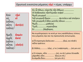 Οριςτικι ενεςτϊτα ριματοσ εἰμί = είμαι, υπάρχω

ἐγϊ
εἰμί
ςφ
εἶ
(οὗτοσ
αὕτθ ἐςτί(ν)
τοῦτο)

ἡμεῖσ ἐςμζν
ὑμεῖσ ἐςτζ
(οὗτοι
αὗται εἰςί(ν)
ταῦτα)

Σὺ, ὦ Σόλων, εὑρετὴσ τῶν ἐκίμων ………………
Οἱ διδάςκαλοι τῶνΠερςῶν ςοφοὶ ……………...
Ἡμεῖσ γεωργοί …………………..
Τοῦ γεωργοῦ ἔργον …………… φυτεύειν καὶ ςπείρειν
Τοῖσ γεωργοῖσ ὁ βίοσ μεςτὸσ πόνων …………
Ἡμεῖσ ……………μακθταί
Ὑμεῖσ …………… ςτρατιῶται
Σφ …………….βάρβαροσ.
Να ςυμπλθρϊςετε τα κενά με τουσ κατάλλθλουσ τφπουσ
τουσ ριματοσ εἰμί και τθσ προςωπικισ αντωνυμίασ.
α) Ὁ ςτρατθγόσ ἐκζλευςεν ……………..(ἐγϊ, αιτ.πλθκ.)
ταῦτα πράττειν.
β) Οὐδείσ…………… (εἰμί,, γϋεν.) ςοφϊτερόσ…….(ςφ,γεν.εν)
γ) Ω εταιροι, οὔτε ………………(ςφ, ον.πλ.) μόνοι δφναςκε
μάχεςκαι οὔτε……………….. (ἐγϊ,ον.πλ.)
δυνάμεκα ἄνευ……………… (ςφ,γεν.πλ.).

 