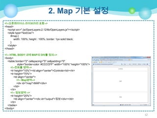 2. Map 기본 설정
<!--오픈레이어스 라이브러리 포함-->
<head>
<script src="./js/OpenLayers-2.12/lib/OpenLayers.js"></script>
<style type="text/css">
#map {
width: 100%; height : 100%; border: 1px solid black;
}
</style>
</head>
<!-- HTML BODY 내에 MAP의 DIV를 정의-->
<body>
<table border="2" cellspacing="5" cellpadding="0"
style="border-color: #CCCCFF" width="100%" height="100%">
<!--컨트롤 영역-->
<tr height="10%"><td align="center">Controls</td></tr>
<tr height="70%">
<td align="center">
<!-- Map영역-->
<div id="map">MAP</div>
</td>
</tr>
<!-- 정보영역 -->
<tr height="20%">
<td align="center"><div id="output">정보</div></td>
</tr>
</table>
</body>
12

 
