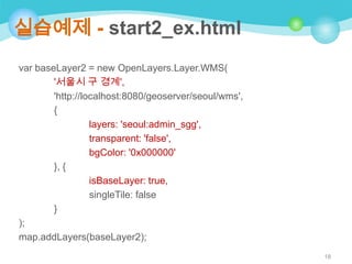 실습예제 - start2_ex.html
var baseLayer2 = new OpenLayers.Layer.WMS(
'서울시 구 경계',
'http://localhost:8080/geoserver/seoul/wms',
{
layers: 'seoul:admin_sgg',
transparent: 'false',
bgColor: '0x000000'
}, {
isBaseLayer: true,
singleTile: false
}
);
map.addLayers(baseLayer2);
18

 