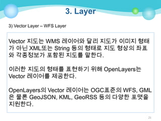 3. Layer
3) Vector Layer – WFS Layer

Vector 지도는 WMS 레이어와 달리 지도가 이미지 형태
가 아닌 XML또는 String 등의 형태로 지도 형상의 좌표
와 각종정보가 포함된 지도를 말한다.
이러한 지도의 형태를 표현하기 위해 OpenLayers는
Vector 레이어를 제공한다.
OpenLayers의 Vector 레이어는 OGC표준의 WFS, GML
은 물론 GeoJSON, KML, GeoRSS 등의 다양한 포맷을
지원한다.
21

 