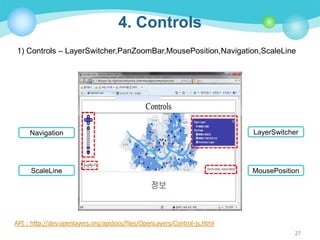4. Controls
1) Controls – LayerSwitcher,PanZoomBar,MousePosition,Navigation,ScaleLine

Navigation

LayerSwitcher

ScaleLine

MousePosition

API : http://dev.openlayers.org/apidocs/files/OpenLayers/Control-js.html
27

 