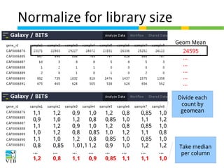 Normalize for library size
Geom Mean
24595
…
…
...
…
…

1,1
0,9
1,1
1,0
1,1
0,8
…
1,2

1,2
1,0
1,2
1,2
1,0
0,85
…
0,8

0,9
1,0
1,2
0,8
0,9
1,0
0,8
0,85
1,2
0,8
1,01,1 1,2
…
…
1,1
0,9

1,2
0,85
1,2
1,0
0,85
0,9
…
0,85

0,8
1,0
0,8
1,2
1,0
1,0
…
1,1

0,85
1,1
0,85
1,1
0,85
1,2
…
1,1

1,0
1,2
1,0
0,8
1,0
1,2
…
1,0

Divide each
count by
geomean

Take median
per column

 