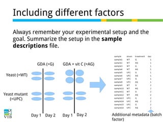 Including different factors
Always remember your experimental setup and the
goal. Summarize the setup in the sample
descriptions file.
GDA (=G)

GDA + vit C (=AG)

Yeast (=WT)

Yeast mutant
(=UPC)

Day 1 Day 2

Day 1 Day 2

Additional metadata (batch
factor)

 