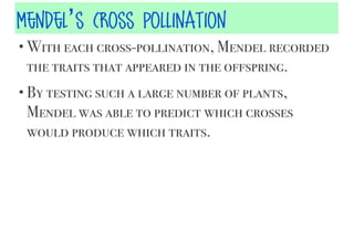 Mendel’s Cross Pollination
• With each cross-pollination, Mendel recorded

the traits that appeared in the offspring.
• By testing such a large number of plants,

Mendel was able to predict which crosses
would produce which traits.

 