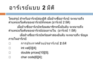        

อาร์เ รย์แ บบ 2 มิต ิ

โดยสรุป สำาหรับอาร์เรย์สองมิติ เมื่ออ้างชื่ออาร์เรย์ จะหมายถึง
ตำาแหน่งเริ่มต้นของอาร์เรย์ทั้งหมด (อาร์เรย์ 2 มิติ)
          เมื่ออ้างชื่ออาร์เรย์พร้อมสมาชิกหนึ่งอันดับ จะหมายถึง
ตำาแหน่งเริ่มต้นของอาร์เรย์ย่อยภายใน  (อาร์เรย์ 1 มิติ)
             เมื่ออ้างชื่ออาร์เรย์พร้อมค่าสองอันดับ จะหมายถึง ข้อมูล
ภายในอาร์เรย์ 
™             การประกาศตัว แปรอาร์เ รย์ 2 มิต ิ
™             int val[3][4];
™             double prices[10][5];
™             char code[6][4];

 