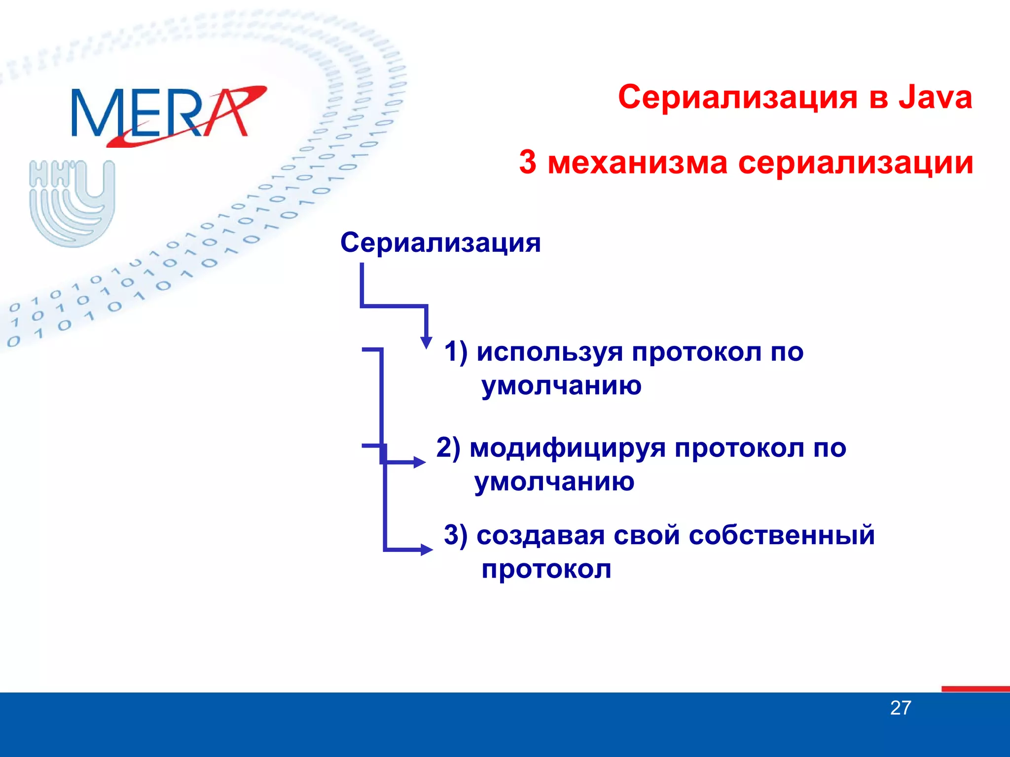 Сериализация в Java
3 механизма сериализации
Сериализация

1) используя протокол по
умолчанию
2) модифицируя протокол по
умолчанию
3) создавая свой собственный
протокол

27

 