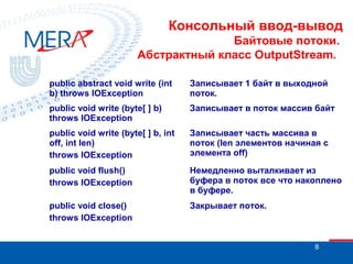 Консольный ввод-вывод
Байтовые потоки.
Абстрактный класс OutputStream.
public abstract void write (int
b) throws IOException

Записывает 1 байт в выходной
поток.

public void write (byte[ ] b)
throws IOException

Записывает в поток массив байт

public void write (byte[ ] b, int
off, int len)
throws IOException

Записывает часть массива в
поток (len элементов начиная с
элемента off)

public void flush()
throws IOException

Немедленно выталкивает из
буфера в поток все что накоплено
в буфере.

public void close()
throws IOException

Закрывает поток.

8

 