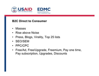 What to measure?
• Bookings: An order being placed with the company
– Pluses: Incentivizes placement of orders, the one thing that sales has
control over
– Minuses: Subject to abuse. Adjustments for cancellations and returns
• Billings: An order that has been fulfilled and invoice sent to
customer
– Pluses: Incentivizes delivery to customer, sales works with factory
– Minuses: Adjustments for returns, non-collection
• Collections: Money received by company for orders shipped
– Pluses: Advantage to company, minimizes cash float
– Minuses: Sales force may not be paid for weeks or months. Customer
may not pay for non-performance, outside of sales control
• Other KPI: Meetings, Reports, etc. Useful when starting up.
 