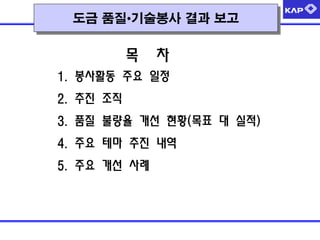 목 차
1. 봉사활동 주요 일정
2. 추진 조직
3. 품질 불량율 개선 현황(목표 대 실적)
4. 주요 테마 추진 내역
5. 주요 개선 사례
도금 품질•기술봉사 결과 보고
 