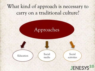 What kind of approach is necessary to
carry on a traditional culture?
Approaches

Education

Social
media

Social
activities

 