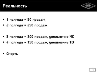 Реальность
 1 полгода = 50 продаж
 2 полгода = 250 продаж
 3 полгода = 200 продаж, увольнение MD

 4 полгода = 150 продаж, увольнение TD
 Смерть

12

 