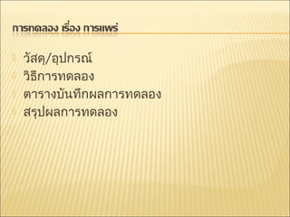 




วัสดุ/อุปกรณ์
วิธีการทดลอง
ตารางบันทึกผลการทดลอง
สรุปผลการทดลอง

 