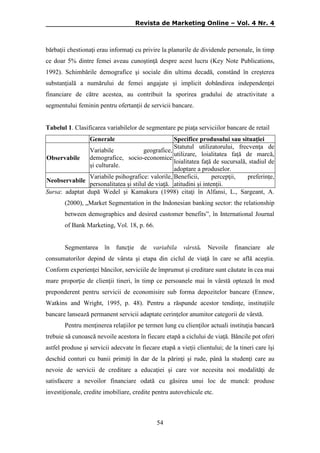 Revista de Marketing Online – Vol. 4 Nr. 4

bărbaţii chestionaţi erau informaţi cu privire la planurile de dividende personale, în timp
ce doar 5% dintre femei aveau cunoştinţă despre acest lucru (Key Note Publications,
1992). Schimbările demografice şi sociale din ultima decadă, constând în creşterea
substanţială a numărului de femei angajate şi implicit dobândirea independenţei
financiare de către acestea, au contribuit la sporirea gradului de atractivitate a
segmentului feminin pentru ofertanţii de servicii bancare.
Tabelul 1. Clasificarea variabilelor de segmentare pe piaţa serviciilor bancare de retail
Specifice produsului sau situaţiei
Statutul utilizatorului, frecvenţa de
Variabile
geografice,
utilizare, loialitatea faţă de marcă,
demografice, socio-economice
Observabile
loialitatea faţă de sucursală, stadiul de
şi culturale.
adoptare a produselor.
Variabile psihografice: valorile, Beneficii,
percepţii,
preferinţe,
Neobservabile
personalitatea şi stilul de viaţă. atitudini şi intenţii.
Sursa: adaptat după Wedel şi Kamakura (1998) citaţi în Alfansi, L., Sargeant, A.
Generale

(2000), „Market Segmentation in the Indonesian banking sector: the relationship
between demographics and desired customer benefits”, în International Journal
of Bank Marketing, Vol. 18, p. 66.
Segmentarea

în

funcţie

de

variabila

vârstă.

Nevoile

financiare

ale

consumatorilor depind de vârsta şi etapa din ciclul de viaţă în care se află aceştia.
Conform experienţei băncilor, serviciile de împrumut şi creditare sunt căutate în cea mai
mare proporţie de clienţii tineri, în timp ce persoanele mai în vârstă optează în mod
preponderent pentru servicii de economisire sub forma depozitelor bancare (Ennew,
Watkins and Wright, 1995, p. 48). Pentru a răspunde acestor tendinţe, instituţiile
bancare lansează permanent servicii adaptate cerinţelor anumitor categorii de vârstă.
Pentru menţinerea relaţiilor pe termen lung cu clienţilor actuali instituţia bancară
trebuie să cunoască nevoile acestora în fiecare etapă a ciclului de viaţă. Băncile pot oferi
astfel produse şi servicii adecvate în fiecare etapă a vieţii clientului; de la tineri care îşi
deschid conturi cu banii primiţi în dar de la părinţi şi rude, până la studenţi care au
nevoie de servicii de creditare a educaţiei şi care vor necesita noi modalităţi de
satisfacere a nevoilor financiare odată cu găsirea unui loc de muncă: produse
investiţionale, credite imobiliare, credite pentru autovehicule etc.

54

 