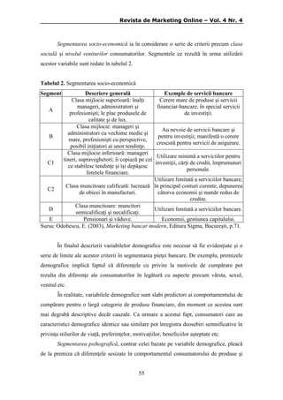 Revista de Marketing Online – Vol. 4 Nr. 4

Segmentarea socio-economică ia în considerare o serie de criterii precum clasa
socială şi nivelul veniturilor consumatorilor. Segmentele ce rezultă în urma utilizării
acestor variabile sunt redate în tabelul 2.

Tabelul 2. Segmentarea socio-economică
Segment
A

B

C1

Descriere generală
Clasa mijlocie superioară: înalţi
manageri, administratori şi
profesionişti; le plac produsele de
calitate şi de lux.
Clasa mijlocie: manageri şi
administratori cu vechime medie şi
mare, profesionişti cu perspective,
posibil iniţiatori ai unor tendinţe.
Clasa mijlocie inferioară: manageri
tineri, supraveghetori; îi copiază pe cei
ce stabilesc tendinţe şi îşi depăşesc
limitele financiare.

Exemple de servicii bancare
Cerere mare de produse şi servicii
financiar-bancare, în special servicii
de investiţii.
Au nevoie de servicii bancare şi
pentru investiţii; manifestă o cerere
crescută pentru servicii de asigurare.
Utilizare minimă a serviciilor pentru
investiţii, cărţi de credit, împrumuturi
personale.

Utilizare limitată a serviciilor bancare;
Clasa muncitoare calificată: lucrează în principal conturi curente, depunerea
C2
de obicei în manufacturi.
câtorva economii şi număr redus de
credite.
Clasa muncitoare: muncitori
D
Utilizare limitată a serviciilor bancare.
semicalificaţi şi necalificaţi.
E
Pensionari şi văduve.
Economii, gestiunea capitalului.
Sursa: Odobescu, E. (2003), Marketing bancar modern, Editura Sigma, Bucureşti, p.71.
În finalul descrierii variabilelor demografice este necesar să fie evidenţiate şi o
serie de limite ale acestor criterii în segmentarea pieţei bancare. De exemplu, premizele
demografice implică faptul că diferenţele cu privire la motivele de cumpărare pot
rezulta din diferenţe ale consumatorilor în legătură cu aspecte precum vârsta, sexul,
venitul etc.
În realitate, variabilele demografice sunt slabi predictori ai comportamentului de
cumpărare pentru o largă categorie de produse financiare, din moment ce acestea sunt
mai degrabă descriptive decât cauzale. Ca urmare a acestui fapt, consumatori care au
caracteristici demografice identice sau similare pot înregistra deosebiri semnificative în
privinţa stilurilor de viaţă, preferinţelor, motivaţiilor, beneficiilor aşteptate etc.
Segmentarea psihografică, contrar celei bazate pe variabile demografice, pleacă
de la premiza că diferenţele sesizate în comportamentul consumatorului de produse şi
55

 