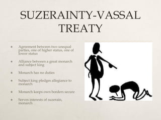 SUZERAINTY-VASSAL
TREATY
 Agreement between two unequal
parties, one of higher status, one of
lower status
 Alliance between a great monarch
and subject king
 Monarch has no duties
 Subject king pledges allegiance to
monarch
 Monarch keeps own borders secure
 Serves interests of suzerain,
monarch
 