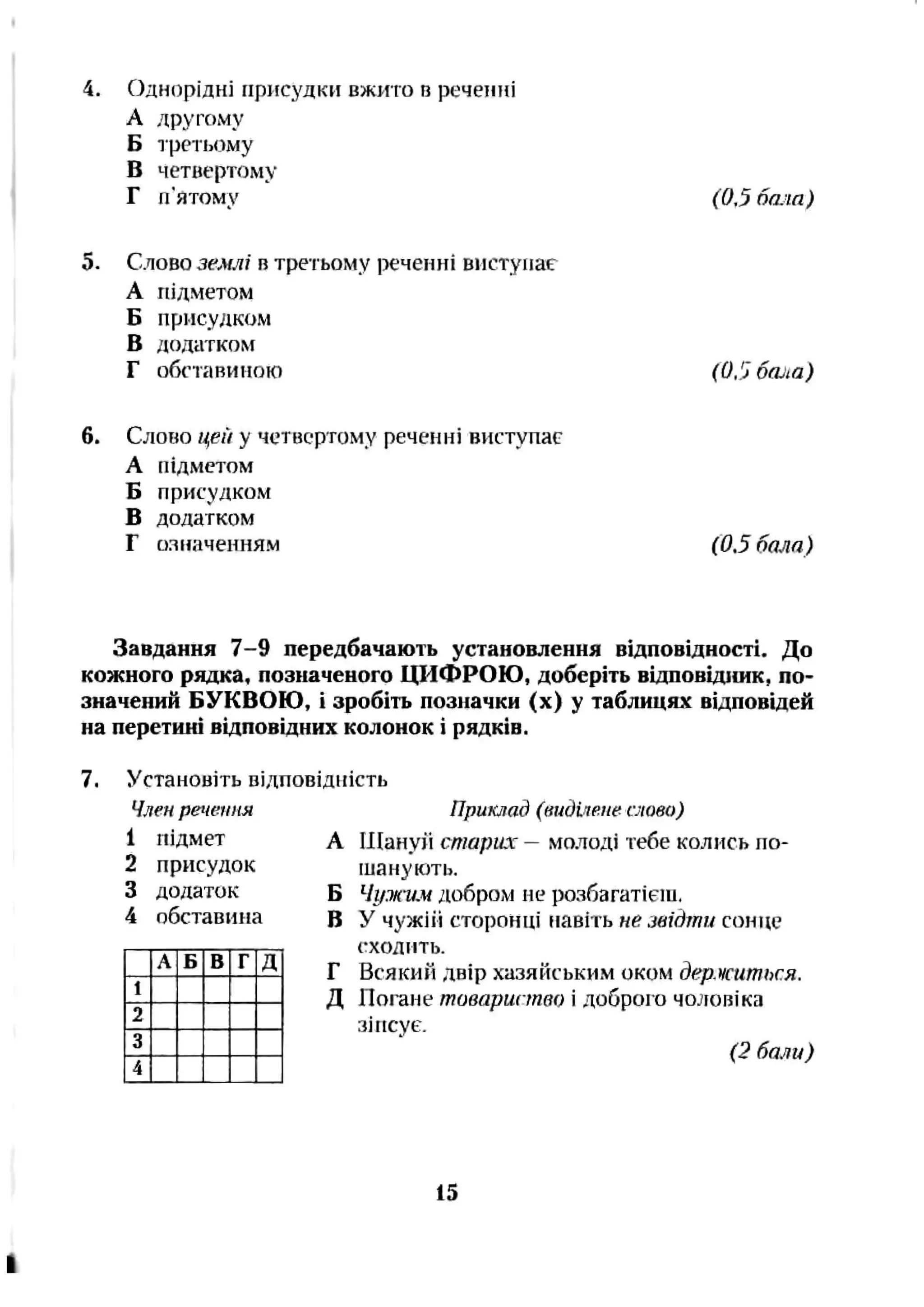 4. Однорідні присудки вжито в реченні
А другому
Б третіїому
в четвертому
Г п'ятому (03 6шт)
5- Слово землі в третьому реченні виступає
А підметом
Б присудком
В додатком
Г обставиною бшм)
6. Слово щеи у четвертому реченні виступає
А підметом
Б присудком
В додатком
Г означенням {0.5 бат)
Завдання 7-9 передбачають установлення відповідності. До
кожного рядка, позначеного ЦИФРОЮ, доберіть відповідішк, по­
значений БУКВОЮ, і зробіть позначки (х) у таблицях відповідей
на перетині відповідних колонок і рядків.
7. Установіть відповідність
Члеиречення
1 підмет
2 присудок
3 додаток
4 обставина
А Б В Г д
1
2
3
4
Приклад (видіпе.пе слово)
А ІДануїі старих — молоді тебе колись по­
шанують.
Б Чужіш добром не розбагатієш.
В У чужій сторонці навіть не звідти сонце
сходить.
Г Всякий двір хазяйським оком держиться.
Д Погане товариство і доброго чоловіка
зіпсує.
(2 бали)
15
 