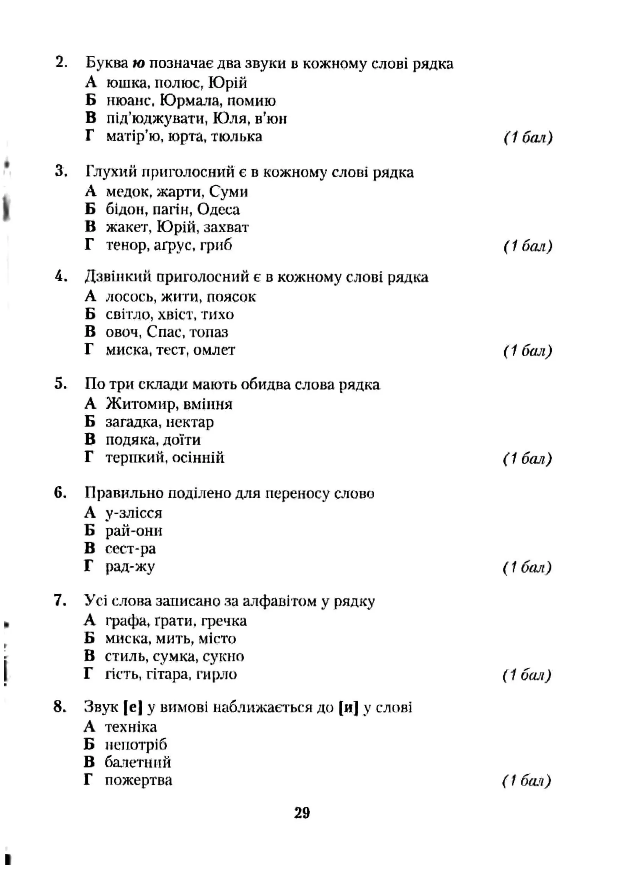 2. Буква ю позначає два звуки в кожному слові рядка
А юшка, полюс, Юрій
Б нюанс. Юрмала, помию
В під’юджувати, Юля, в’юн
Г матір’ю, юрта, тюлька (1 бал)
3. Глухий приголосний є в кожному слові рядка
А медок, жарти, Суми
Б бідон, пагін, Одеса
В жакет, Юрій, захват
Г тенор, аґрус, гриб (1 бал)
4. Дзвіикий приголосний е в кожному слові рядка
А лосось, жити, поясок
Б світло, хвіст, тихо
в овоч, Спас, топаз
Г миска, тест, омлет ( 1 бал)
5. По три склади мають обидва слова рядка
А Житомир, вміння
Б загадка, нектар
В подяка, доїти
Г терпкий, осінній (і бал)
6. Правильно поділено для переносу слово
А у-злісся
Б рай-они
в сест-ра
Г рад-жу (1 бал)
7. Усі слова записано за алфавітом у рядку
А графа, грати, гречка
Б миска, мить, місто
в стиль, сумка, сукно
Г гість, гітара, гирло (1 бал)
8. Звук [ej у вимові наближається до [и] у слові
А техніка
Б непотріб
В балетний
Г пожертва (16a.fl)
29
 