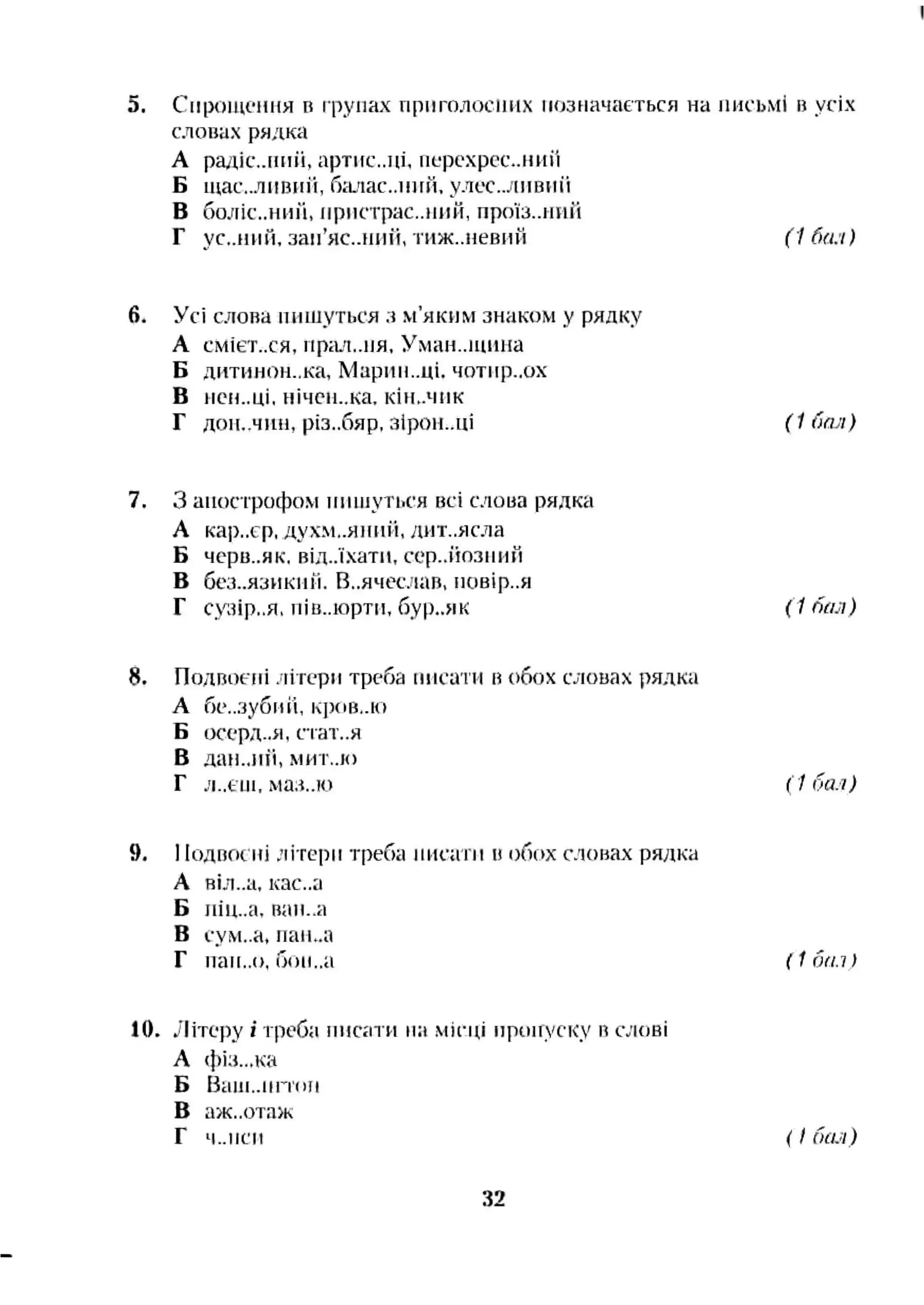5. Спрощення и ірупах приголосних позначається на письмі в усіх
словах рялка
А радіс.лпн'і, артпс..ці, нерехрсс..ниіі
Б щас..лішімі, б;ь'іас..ііии. улсс..лнвпіі
В бо;гіс„ниіі, нрпстрас..ниії, проїз..пий
Г ус..нмй, зап’яс-ниіі, тнж..невий (1 ба:і)
6. Усі слова ниніуться з м’яким знаком у рядку
А СМІЄТ..СЯ, пріш.лія, Умаи..іціп!а
Б дитинон.,ка, Мармп..ці. чотирьох
В ПСИ..ЦІ, нічси..ка, кін..чик
Г Д0Н..ЧІШ, різ..бяр, зірон.ліі ( 1(шл)
7. З апострофом ниніуться всі слова рядка
А кар..ср, духм,.яіннї, днт..ясла
Б черв..як, від.Лхатп, сер..і'юзнни
В без..язикпіі. В..ячеслав, повір..я
Г сузір..я. ній..юрти, бур..як (1 бал)
8. Подвоспі jtiтерн треба писати в обох словах рялка
А бе..ЗубнІІ, К ])О В .Л О
Б осерд..я, п а т ,.я
В дан.лпі, МИТ..10
Г л..сні. маз.ло (1 бал)
9. 1Іодвос пі літери треба писати u обох словах рядка
А віл..а. кас..а
Б піц..а, ваи..а
В сум..а, паїк.а
Г пан..о, бон,.а (1б(п)
10. Літеру і треба писати на .місці пропуску в слові
А ()ііз..ла
Б Ваін.лтоіі
В аж..отаж
Г Ч .Л ІС П (Ібил)
32
 