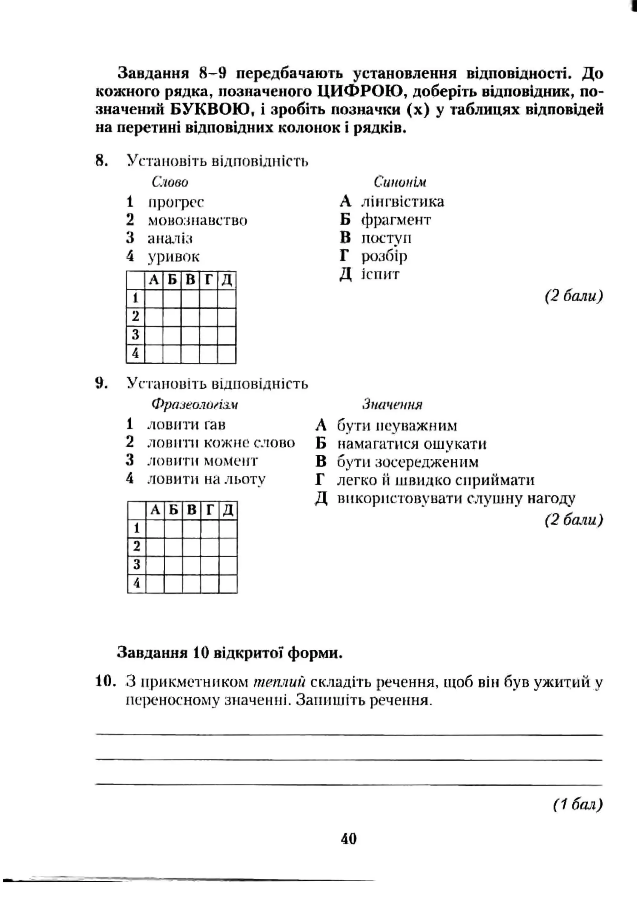 Завдання 8-9 передбачають установлення відповідності. До
кожного рядка, позначеного ЦИФРОЮ, доберіть відповідник, по­
значений БУКВОЮ, і зробіть позначки (х) у таблицях відповідеіі
на перетині відповідних колонок і рядків.
8. Установіть відповідність
Слово
1 нрогрсс
2 мово.чнавство
3 аиаіісі
4 уривок
А Б В Г Д
1
2
3
4
9. Установіть відповідність
ФрамолчАл.м
1 л о в іті гав
2 ловнпі кожне слово
3 лопнтн момент
4 ловити на льоту
А Б В Г д
1
2
3
4
Синонім
А лінгвістика
Б фрагмент
В поступ
Г ро;ібІр
Д іспит
(2 бали)
Зптетя
А бути неуважним
Б намагатися ошукати
В бути зосередженим
Г легко й швидко сприймати
Д впкорі ICIовувати слушну нагоду
(2 6a.nu)
Завдання 10 відкритої форми.
10. З прикметником тетіий складіть речення, щоб він був ужитий у
переносному значенні. Загппиіть речення.
(1 бал)
40
 