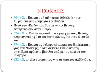 ΝΕΟΚΛΗ΢
 394 π.Χ: ο Ευαγόρασ βοήθηςε με 100 πλοία τουσ
Αθηναίουσ ςτη ναυμαχία τησ Κνίδου
 Μετά την «Ειρήνη του βαςιλέωσ» οι Πέρςεσ
εκςτρατεύουν ςτην Κύπρο.
 376 π.Χ : ο Ευαγόρασ ςυνάπτει ειρήνη με τουσ Πέρςεσ ,
πληρώνοντασ φόρο και διατηρώντασ έτςι την εξουςία
του.
 374 π.Χ: ο Ευαγόρασ δολοφονείται και τον διαδέχεται ο
γιόσ του Νεοκλήσ , ο οποίοσ κατά τον Ιςοκράτη
αποτέλεςε πρότυπο βαςιλιά μαζί με τον πατέρα του
Ευαγόρα.
 332 π.Χ: απελευθέρωςη του νηςιού από τον Αλέξανδρο.
 