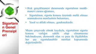 Sigortanı
n Genel
Prensipl
eri
• Risk gerçekleşmesi durumunda sigortalının maddi-
manevi zarara uğraması,
• Sigortalının, sigorta konusu üzerinde malik olması
aranmaksızın menfaatinin bulunması,
• Yasal ve ahlaki olması, gerekmektedir.
Meşru çerçevede olmak kaydıyla, sigortalının sigorta
konusu varlığın sahibi olup olmamasına
bakılmaksızın, ekonomik olan ve para ile ölçülebilen
her şey sigortalanabilir menfaat kapsamında
değerlendirilir.
 