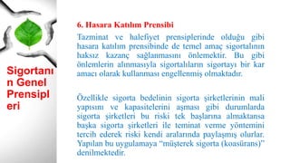 Sigortanı
n Genel
Prensipl
eri
6. Hasara Katılım Prensibi
Tazminat ve halefiyet prensiplerinde olduğu gibi
hasara katılım prensibinde de temel amaç sigortalının
haksız kazanç sağlanmasını önlemektir. Bu gibi
önlemlerin alınmasıyla sigortalıların sigortayı bir kar
amacı olarak kullanması engellenmiş olmaktadır.
Özellikle sigorta bedelinin sigorta şirketlerinin mali
yapısını ve kapasitelerini aşması gibi durumlarda
sigorta şirketleri bu riski tek başlarına almaktansa
başka sigorta şirketleri ile teminat verme yöntemini
tercih ederek riski kendi aralarında paylaşmış olurlar.
Yapılan bu uygulamaya “müşterek sigorta (koasürans)”
denilmektedir.
 