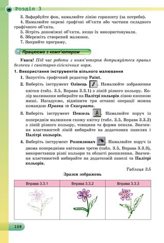 108
Роздiл 3
3.	Зафарбуйте фон, намалюйте лінію горизонту (за потреби).
4.	Намалюйте окремі графічні об’єкти або частини складного
графічного об’єкта.
5.	Зітріть допоміжні об’єкти, якщо їх використовували.
6.	Збережіть створений малюнок.
7.	Закрийте програму.
Працюємо з комп’ютером
Увага! Під час роботи з комп’ютером дотримуйтеся правил
безпеки і санітарно-гігієнічних норм.
1. Використання інструментів вільного малювання
1.	Запустіть графічний редактор Paint.
2.	Виберіть інструмент Олівець . Намалюйте зображення
квітки (табл. 3.5, Вправа 3.3.1) з ліній різного кольору. Ко-
лір малювання вибирайте на Палітрі кольорів лівою кнопкою
миші. Нагадуємо, відмінити три останні операції можна
командою Правка ⇒ Скасувати.
3.	Виберіть інструмент Пензель . Намалюйте поруч із
попереднім малюнком схожу квітку (табл. 3.5, Вправа 3.3.2)
з ліній різного кольору, товщини та форми пензля. Значен-
ня властивостей ліній вибирайте на додаткових панелях і
Палітрі кольорів.
4.	Виберіть інструмент Розпилювач . Намалюйте поруч із
двома попередніми квітками третю (табл. 3.5, Вправа 3.3.3),
використавши різні кольори та області розпилення. Значен-
ня властивостей вибирайте на додатковій панелі та Палітрі
кольорів.
Таблиця 3.5
Зразки зображень
Вправа 3.3.1 Вправа 3.3.2 Вправа 3.3.3
 