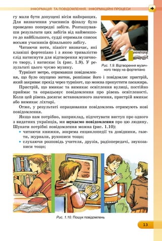 13
ІНФОРМАЦІЯ ТА ПОВІДОМЛЕННЯ. ІНФОРМАЦІЙНІ ПРОЦЕСИ
гу мали бути допущені вісім найкращих.
Для визначення учасників фіналу було
проведе­но попередні забіги. Розташував-
ши результати цих забігів від найменшо-
го до найбільшого, судді отримали список
восьми учасників фінального забігу.
Читаючи ноти, піаніст визначає, які
клавіші фортепіано і з якою тривалістю
слід натиснути для відтворення музично-
го твору, і натискає їх (рис. 1.9). У ре-
зультаті цього чуємо музику.
Турнікет метро, отримавши повідом­лен­
ня, що було опущено жетон, розпізнає його і повідомляє пристрій,
який закриває прохід через турнікет, що можна пропустити пасажира.
Пристрій, що вмикає та вимикає освітлення вулиці, постійно
приймає та опрацьовує повідомлення про рівень освітленості.
Коли цей рівень досягає встановленого значення, пристрій вмикає
або вимикає ліхтарі.
Отже, у результаті опрацювання повідомлень отримують нові
повідомлення.
Якщо нам потрібно, наприклад, підготувати виступ про одного
з видатних українців, ми шукаємо повідомлення про цю людину.
Шукати потрібні повідомлення можна (рис. 1.10):
•	читаючи книжки, зокрема енциклопедії та довідники, газе-
ти, журнали, рукописи тощо;
•	слухаючи розповідь учителя, друзів, радіопередачі, звукоза-
писи тощо;
Рис. 1.9. Відтворення музич-
ного твору на фортепіано
Рис. 1.10. Пошук повідомлень
 