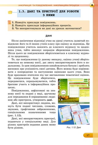 17
ІНФОРМАЦІЯ ТА ПОВІДОМЛЕННЯ. ІНФОРМАЦІЙНІ ПРОЦЕСИ
1.3. ДАНI ТА ПРИСТРО¯ ДЛЯ РОБОТИ
З НИМИ
1. Наведіть приклади повідомлень.
2. Наведіть приклади інформаційних процесів.
3. Чи використовували ви дані на уроках математики?
ДАНІ
Після закінчення відповіді учня на уроці учитель зазвичай по­
відомляє його та й інших учнів класу про оцінку за відповідь. Це
повідомлення учитель заносить до класного журналу та щоден­
ника учня, тобто виконує операцію збереження повідомлення.
Після цього це повідомлення зберігатиметься в класному журна-
лі та щоденнику.
Те, що повідомлення (у даному випадку, оцінка учня) зберіга-
тиметься на певному носії, дає змогу використовувати його в по-
дальшому. Із цим повідомленням ознайомляться батьки і зроблять
висновок про успішність своєї дитини. Його можна буде порівню-
вати з попередніми та наступними оцінками цього учня. Воно
буде враховано вчителем під час виставлення тематичної оцінки.
Це повідомлення буде зберігатися,
­передаватися, опрацьовуватися, тобто
братиме участь в інформаційних про-
цесах.
Повідомлення, зафіксовані на пев­
ному носії та подані у виді, зручному
для передавання й опрацювання люди-
ною або пристроєм, утворюють дані.
Дані, які використовує людина, мо-
жуть бути подані числами, словами,
звуками, графічними зображеннями,
спеціальними позначеннями тощо
(рис. 1.12).
Дані, які використовують пристрої,
подаються у спеціальному виді. Для
різних пристроїв подання даних може
бути різним. Рис. 1.12. Дані
 