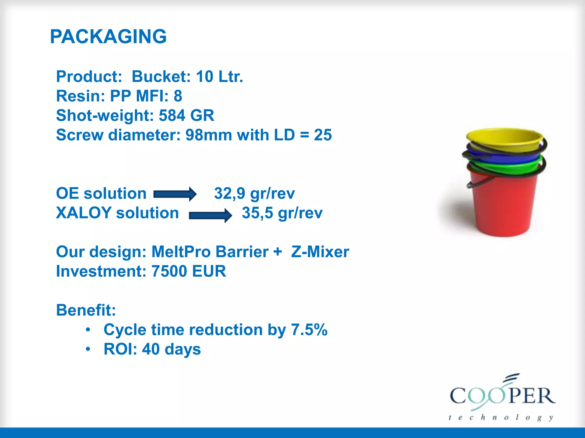 Product: Bucket: 10 Ltr.
Resin: PP MFI: 8
Shot-weight: 584 GR
Screw diameter: 98mm with LD = 25
OE solution 32,9 gr/rev
XALOY solution 35,5 gr/rev
Our design: MeltPro Barrier + Z-Mixer
Investment: 7500 EUR
Benefit:
• Cycle time reduction by 7.5%
• ROI: 40 days
PACKAGING
 