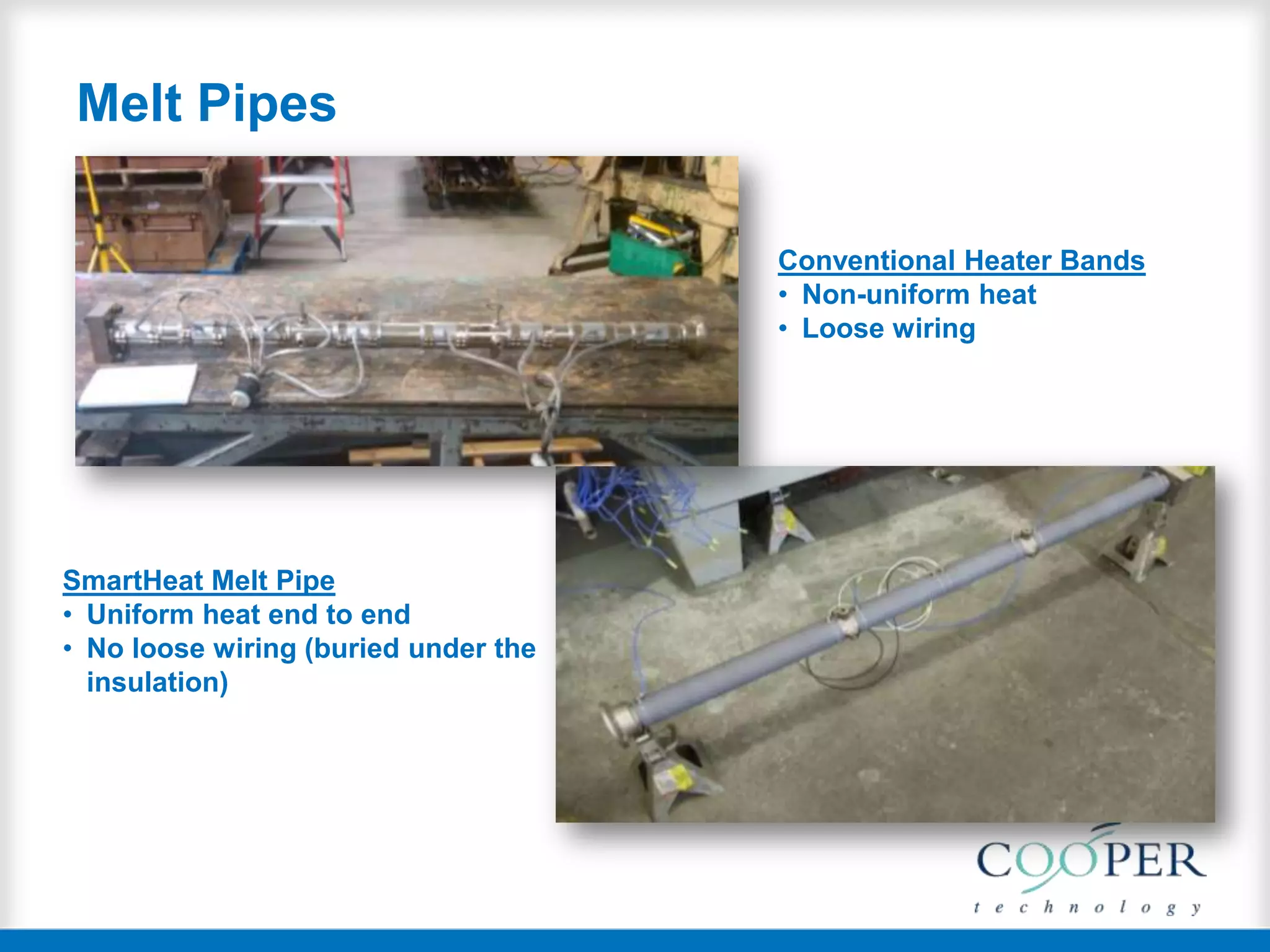 Melt Pipes
SmartHeat Melt Pipe
• Uniform heat end to end
• No loose wiring (buried under the
insulation)
Conventional Heater Bands
• Non-uniform heat
• Loose wiring
 