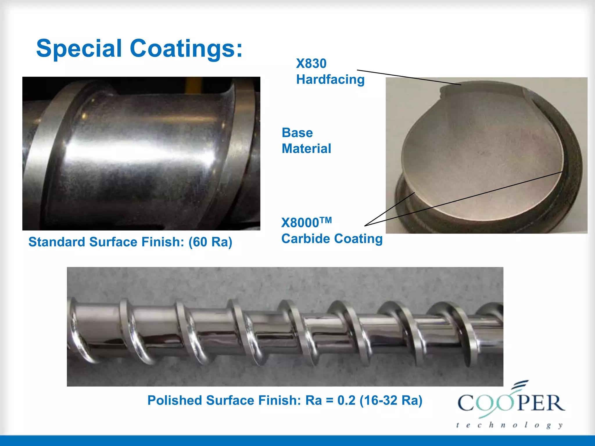 Special Coatings: X830
Hardfacing
Base
Material
X8000TM
Carbide CoatingStandard Surface Finish: (60 Ra)
Polished Surface Finish: Ra = 0.2 (16-32 Ra)
 