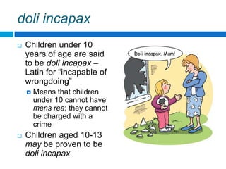 doli incapax
 Children under 10 years
of age are said to be doli
incapax – Latin for
“incapable of wrongdoing”
 Means that children under
10 cannot have mens rea -
don’t understand that it’s
“seriously wrong” (R v
Gorrie 1919); they cannot
be charged with a crime
 Children aged 10-14 are
presumed to be doli
incapax – can be proven
to be otherwise.
 