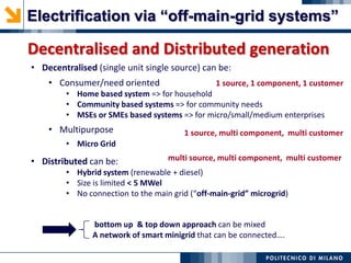 Decentralised and Distributed generation
• Decentralised (single unit single source) can be:
• Consumer/need oriented
• Home based system => for household
• Community based systems => for community needs
• MSEs or SMEs based systems => for micro/small/medium enterprises
• Multipurpose
• Micro Grid
• Distributed can be:
• Hybrid system (renewable + diesel)
• Size is limited < 5 MWel
• No connection to the main grid (“off-main-grid” microgrid)
bottom up & top down approach can be mixed
A network of smart minigrid that can be connected….
1 source, 1 component, 1 customer
1 source, multi component, multi customer
multi source, multi component, multi customer
Electrification via “off-main-grid systems”
 
