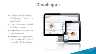 Despliegue
• Publique aplicaciones y
despliéguelas para uno o
mas tenants
• Control de acceso a nivel
de Rol y Usuarios
• Disponibilidad a nivel de
tenant o usuario
• Herramientas adicionales
que proveen una robusta
capacidad de despliegue
 