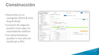 Construcción
• Desarrollo en un
navegador (Point & click,
drag & drop)
• Usuarios de negocios
pueden crear apps sin
necesidad de codificar
• Los desarrolladores
pueden ir mas allá con
JavaScript y APIs
 