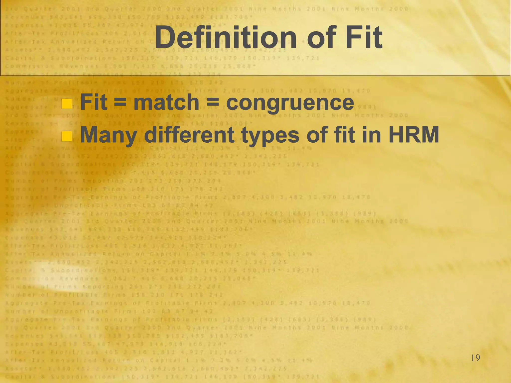 19
Definition of Fit
 Fit = match = congruence
 Many different types of fit in HRM
 