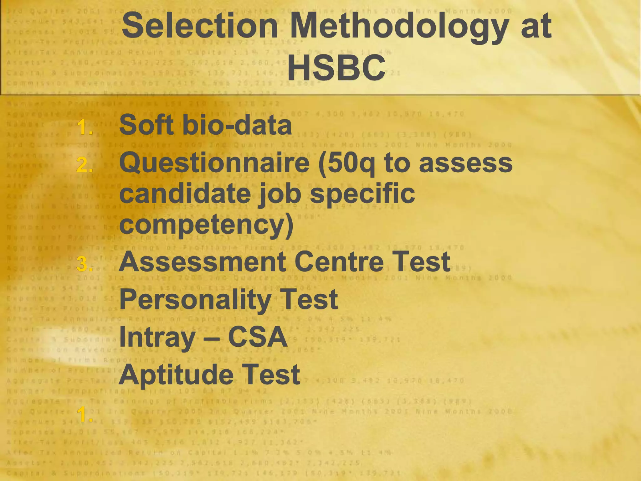 Selection Methodology at
HSBC
1. Soft bio-data
2. Questionnaire (50q to assess
candidate job specific
competency)
3. Assessment Centre Test
Personality Test
Intray – CSA
Aptitude Test
1.
 