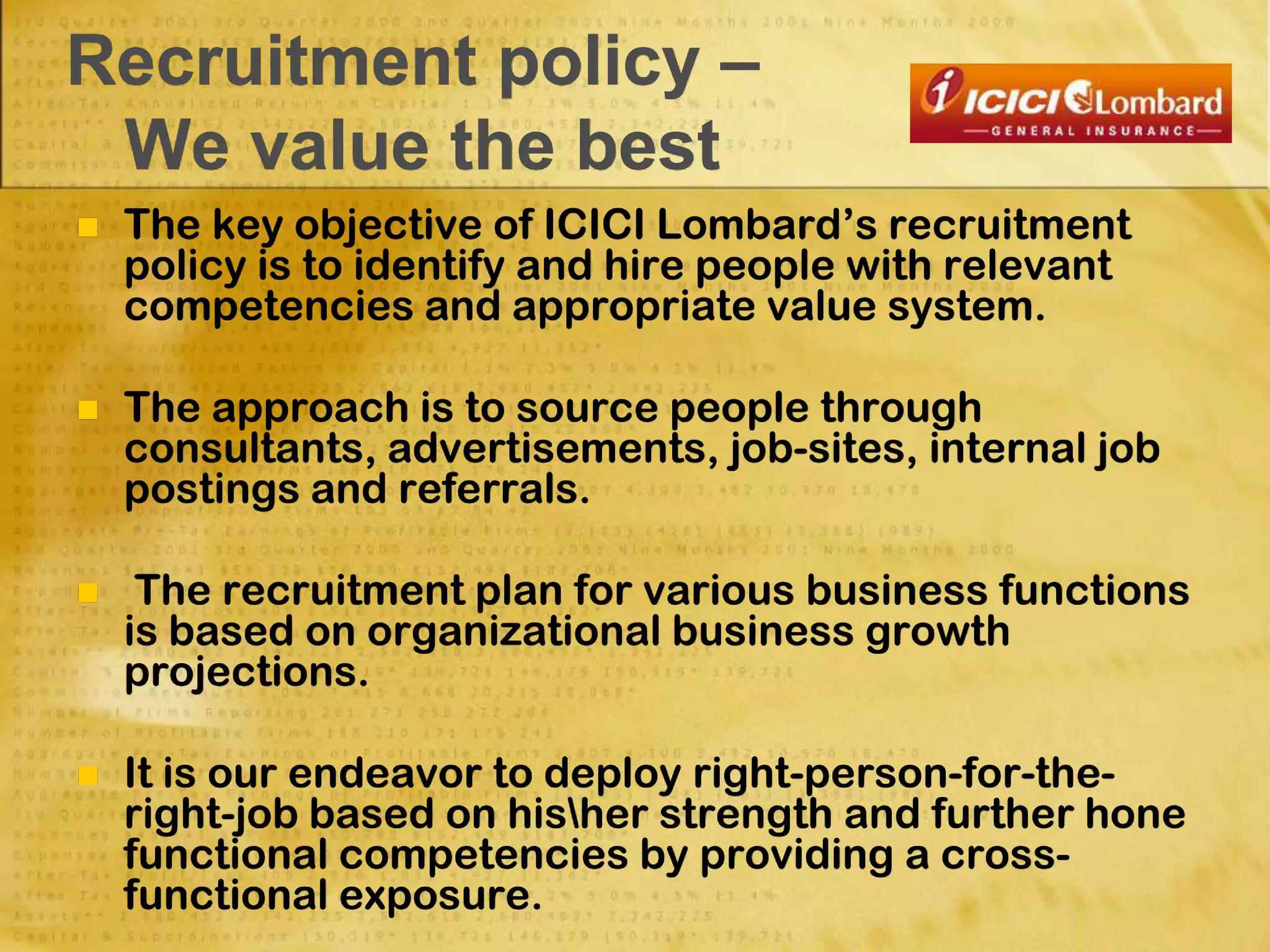 Recruitment policy –
We value the best
 The key objective of ICICI Lombard’s recruitment
policy is to identify and hire people with relevant
competencies and appropriate value system.
 The approach is to source people through
consultants, advertisements, job-sites, internal job
postings and referrals.
 The recruitment plan for various business functions
is based on organizational business growth
projections.
 It is our endeavor to deploy right-person-for-the-
right-job based on hisher strength and further hone
functional competencies by providing a cross-
functional exposure.
 