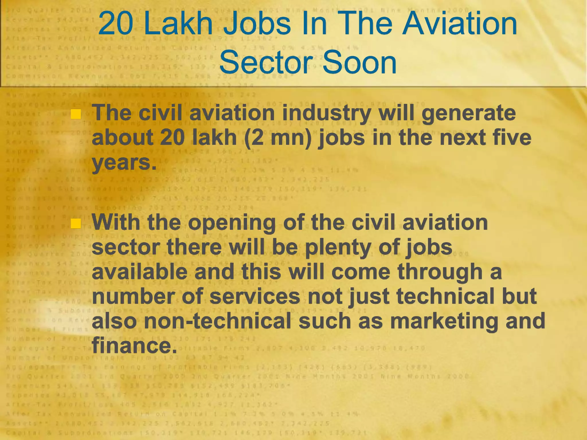 20 Lakh Jobs In The Aviation
Sector Soon
 The civil aviation industry will generate
about 20 lakh (2 mn) jobs in the next five
years.
 With the opening of the civil aviation
sector there will be plenty of jobs
available and this will come through a
number of services not just technical but
also non-technical such as marketing and
finance.
 
