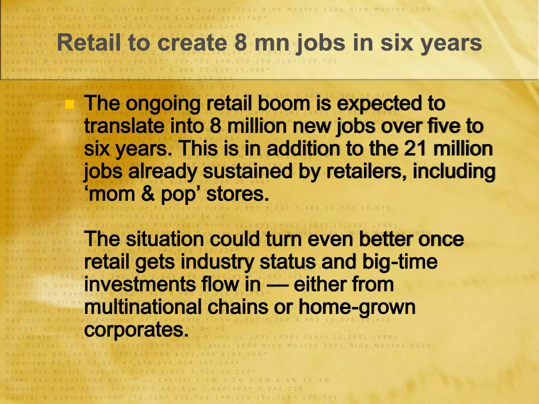 Retail to create 8 mn jobs in six years
 The ongoing retail boom is expected to
translate into 8 million new jobs over five to
six years. This is in addition to the 21 million
jobs already sustained by retailers, including
‘mom & pop’ stores.
The situation could turn even better once
retail gets industry status and big-time
investments flow in –– either from
multinational chains or home-grown
corporates.
 