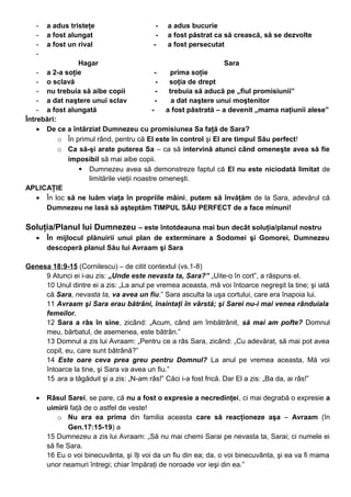 - a adus tristeţe - a adus bucurie
- a fost alungat - a fost păstrat ca să crească, să se dezvolte
- a fost un rival - a fost persecutat
-
Hagar Sara
- a 2-a soţie - prima soţie
- o sclavă - soţia de drept
- nu trebuia să aibe copii - trebuia să aducă pe „fiul promisiunii”
- a dat naştere unui sclav - a dat naştere unui moştenitor
- a fost alungată - a fost păstrată – a devenit „mama naţiunii alese”
Întrebări:
• De ce a întârziat Dumnezeu cu promisiunea Sa faţă de Sara?
o În primul rând, pentru că El este în control şi El are timpul Său perfect!
o Ca să-şi arate puterea Sa – ca să intervină atunci când omeneşte avea să fie
imposibil să mai aibe copii.
 Dumnezeu avea să demonstreze faptul că El nu este niciodată limitat de
limitările vieţii noastre omeneşti.
APLICAŢIE
• În loc să ne luăm viaţa în propriile mâini, putem să învăţăm de la Sara, adevărul că
Dumnezeu ne lasă să aşteptăm TIMPUL SĂU PERFECT de a face minuni!
Soluţia/Planul lui Dumnezeu – este întotdeauna mai bun decât soluţia/planul nostru
• În mijlocul plănuirii unui plan de exterminare a Sodomei şi Gomorei, Dumnezeu
descoperă planul Său lui Avraam şi Sara
Genesa 18:9-15 (Cornilescu) – de citit contextul (vs.1-8)
9 Atunci ei i-au zis: „Unde este nevasta ta, Sara?” „Uite-o în cort”, a răspuns el.
10 Unul dintre ei a zis: „La anul pe vremea aceasta, mă voi întoarce negreşit la tine; şi iată
că Sara, nevasta ta, va avea un fiu.” Sara asculta la uşa cortului, care era înapoia lui.
11 Avraam şi Sara erau bătrâni, înaintaţi în vârstă; şi Sarei nu-i mai venea rânduiala
femeilor.
12 Sara a râs în sine, zicând: „Acum, când am îmbătrânit, să mai am pofte? Domnul
meu, bărbatul, de asemenea, este bătrân.”
13 Domnul a zis lui Avraam: „Pentru ce a râs Sara, zicând: „Cu adevărat, să mai pot avea
copil, eu, care sunt bătrână?”
14 Este oare ceva prea greu pentru Domnul? La anul pe vremea aceasta, Mă voi
întoarce la tine, şi Sara va avea un fiu.”
15 ara a tăgăduit şi a zis: „N-am râs!” Căci i-a fost frică. Dar El a zis: „Ba da, ai râs!”
• Râsul Sarei, se pare, că nu a fost o expresie a necredinţei, ci mai degrabă o expresie a
uimirii faţă de o astfel de veste!
o Nu era ea prima din familia aceasta care să reacţioneze aşa – Avraam (în
Gen.17:15-19) a
15 Dumnezeu a zis lui Avraam: „Să nu mai chemi Sarai pe nevasta ta, Sarai; ci numele ei
să fie Sara.
16 Eu o voi binecuvânta, şi îţi voi da un fiu din ea; da, o voi binecuvânta, şi ea va fi mama
unor neamuri întregi; chiar împăraţi de noroade vor ieşi din ea.”
 