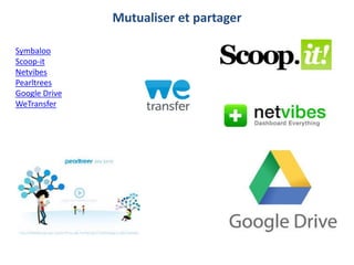 Mutualiser et partager
Symbaloo
Scoop-it
Netvibes
Pearltrees
Google Drive
WeTransfer
 